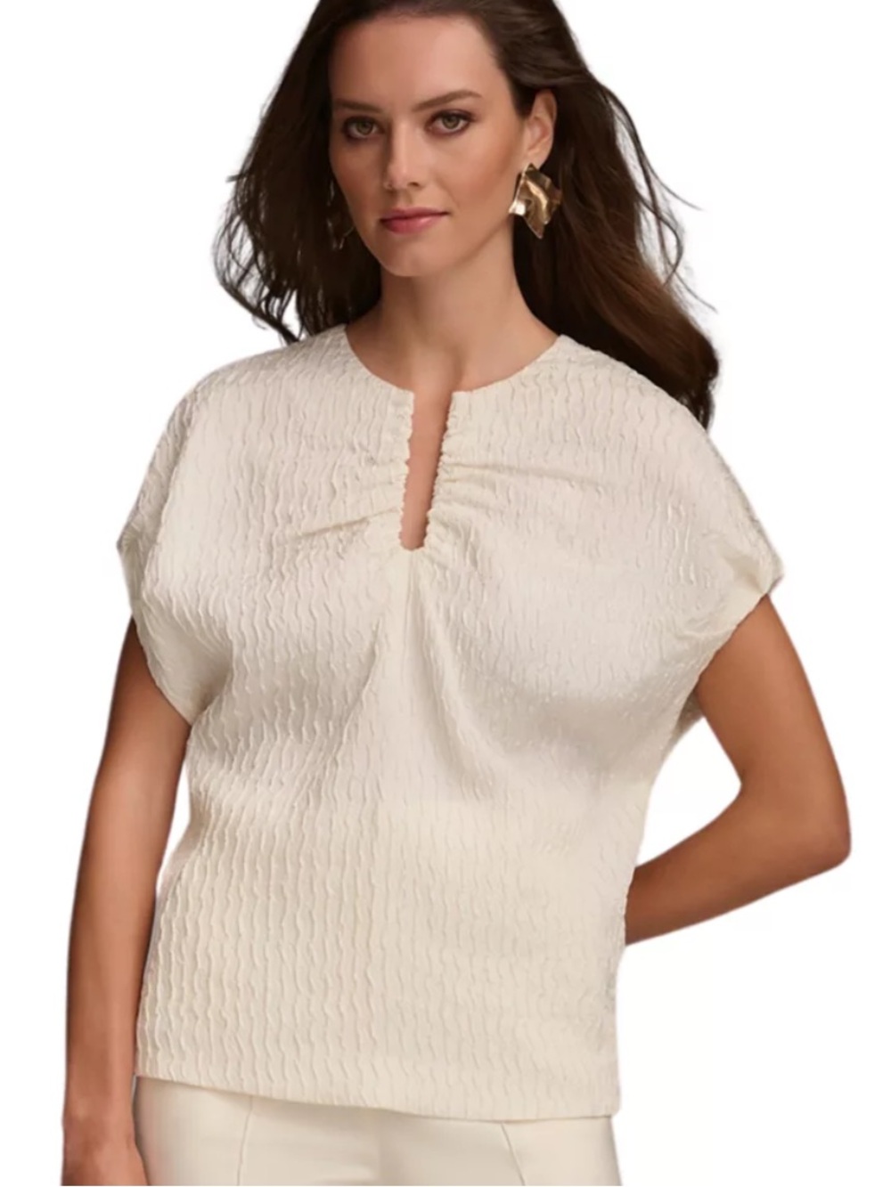 Donna Karan New York Cream Textured Split Neck Blouse Architectural Retro 80’s